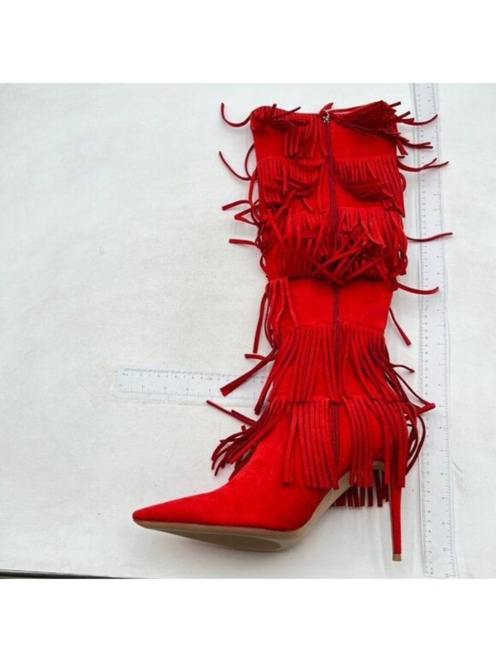 Womens Fringe Tassel Stiletto Boots Faux Suede Moccasin High Heel Red